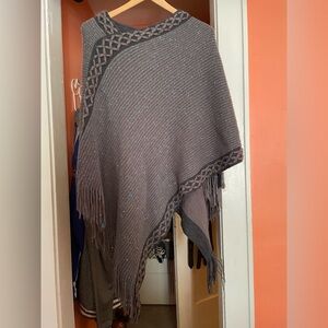 Gray Knit Poncho with Fringe